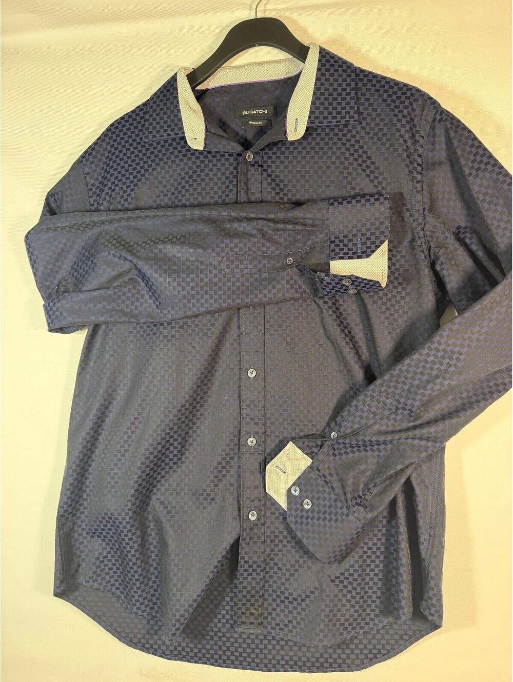 Bugatchi Men's Shaped Fit Dress Shirt Blue and Black Checkered Pattern